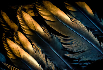 Blue gold feathers texture background. digital art, generative ai