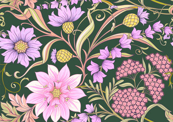 Decorative flowers and leaves in art nouveau style, vintage, old, retro style. Seamless pattern, background. Vector illustration.