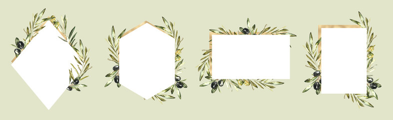 Watercolor greenery olive gold frames set. Polygonal , oval, round, hexagon, wreaths, border, banner. Olive Wedding frames, botanical green wedding stationery invitaion, card design, print, printable 