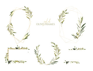 Watercolor greenery olive gold frames set. Polygonal , oval, round, hexagon, wreaths, border, banner. Olive Wedding frames, botanical green wedding stationery invitaion, card design, print, printable 