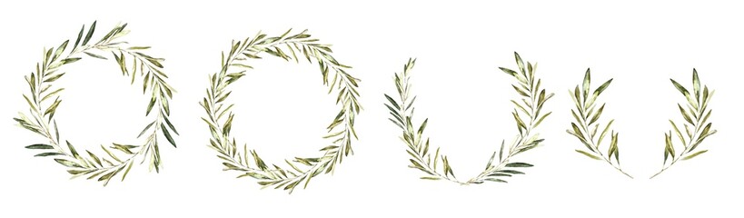Watercolor greenery olive wreaths set. Botanical frames, wreaths, border, banner. Olive Wedding frames, botanical green wedding stationery invitaion, card design, print, printable 
