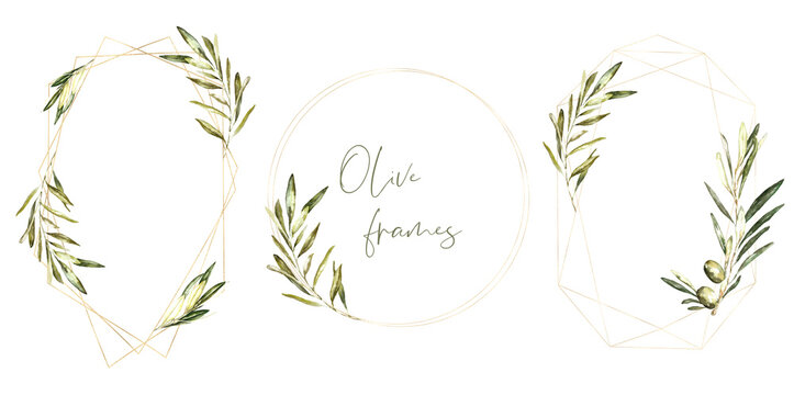 Watercolor greenery olive gold frames set. Polygonal , oval, round, hexagon, wreaths, border, banner. Olive Wedding frames, botanical green wedding stationery invitaion, card design, print, printable 
