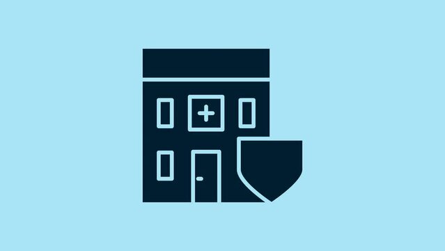 Blue Medical hospital building with shield icon isolated on blue background. Medical insurance. Security, safety, protection concept. 4K Video motion graphic animation