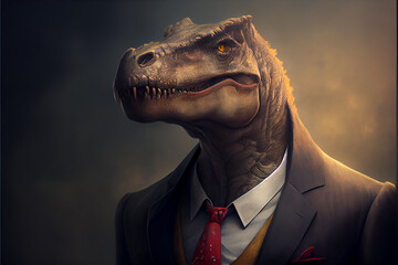 Seriöses realistisches Portrait eines Dinosaurier im Business Anzug mit dunklem Hintergrund