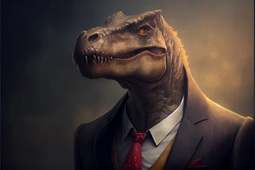 Wallpaper murals Dinosaurs Seriöses realistisches Portrait eines Dinosaurier im Business Anzug mit dunklem Hintergrund