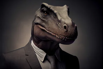 Foto auf Acrylglas Seriöses realistisches Portrait eines Dinosaurier im Business Anzug mit dunklem Hintergrund © Kurosch