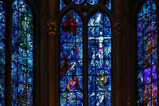 Reims, France - 07.11.2022 : Reims Cathedral Stained Glass by Marc Chagall