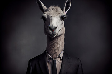 Seriöses realistisches Portrait eines Lama im Business Anzug mit dunklem Hintergrund