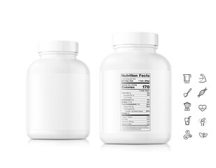 Clean plastic bottle mockup. Front and rear view with sample text and icons. Vector illustration isolated on white background. Perfect for sport, medical, cosmetic, pharmacy products. EPS10.	