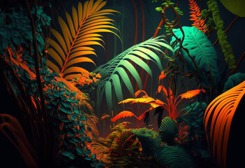 Fototapeta na wymiar Ai-Generated Render of the Magnificent Neon Jungle: A Vibrant 3D Paradise of Colorful Foliage, Tropical Animals, and Lush Rainforest Streams