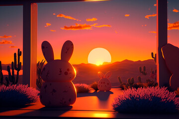 sunset in the desert, cartoon rabbit. Generative AI