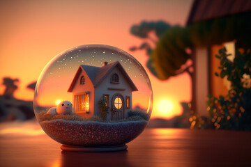 house inside a glass globe at sunset. Generative AI