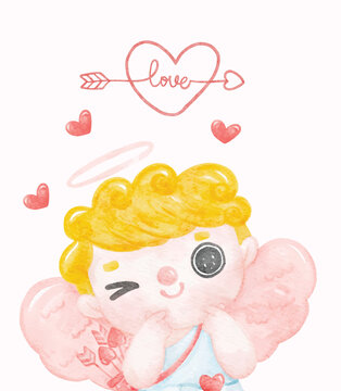 Cute Watercolor Valentine Cupid Boy with Bow and Arrow,  Hand-Painted Vector