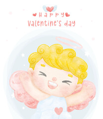 cute watercolour happy cheerful  smile Valentine cupid boy blonde curly hair joyful face half body Happy Valentine's day cartoon character hand painting illustration vector