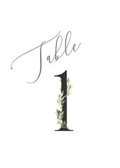 Table Number 1 , Watercolor greenery olive rose gold letters, digit 1, printable card for wedding. Place card print. 