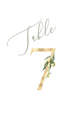 Table Number 7, Watercolor greenery olive rose gold letters, digit 7, printable card for wedding. Place card print. 