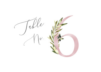 Table Number 6, Watercolor greenery olive rose gold letters, digit 6, printable card for wedding. Place card print. 