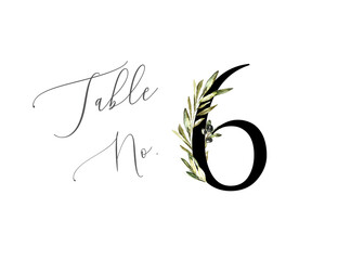 Table Number 6, Watercolor greenery olive rose gold letters, digit 6, printable card for wedding. Place card print. 