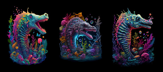 Angry multicolored seahorse with teeth. AI generative.