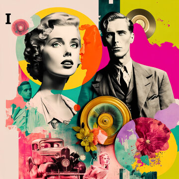 60s retro fashion background love concept. Valentines day. Retro style collage. Digital Illustration, Generative AI