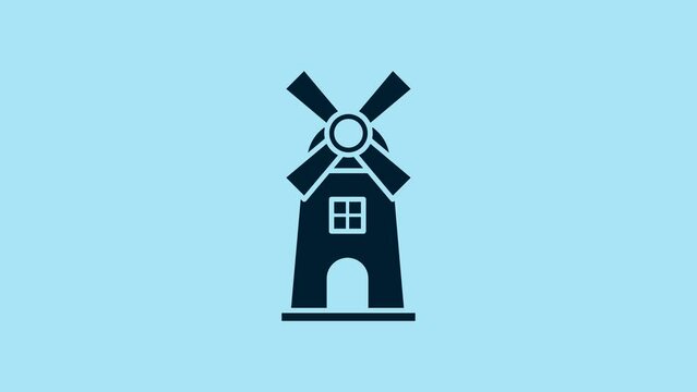 Blue Windmill icon isolated on blue background. 4K Video motion graphic animation