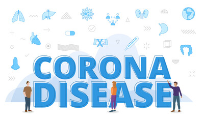 corona disease concept with big words and people surrounded by related icon with blue color style