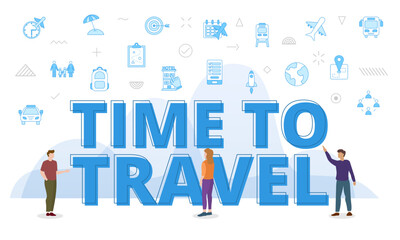 Fototapeta na wymiar time to travel concept with big words and people surrounded by related icon with blue color style