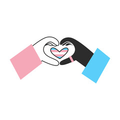 Black and white hands with transgender flag heart and symbol. Trans day of visibility. LGBT equality, diversity, inclusion concept. Vector flat illustration.