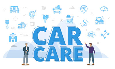 car care concept with big words and people surrounded by related icon with blue color style