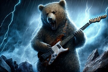 A bear playing electric guitar. Generative AI. - obrazy, fototapety, plakaty