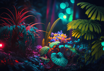 Fototapeta na wymiar Exploring a Mystical Neon Jungle: An AI-Generated 3D Render of a Colorful, Illuminated Rainforest
