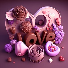 valentine day background cake, rose, chocolate, decoration. generative ai