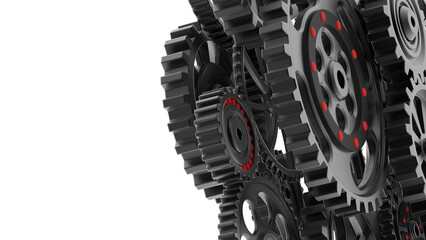 Mechanism black gears and cogs at work on spot light background. Industrial machinery. 3D illustration. 3D high quality rendering. PNG file format.