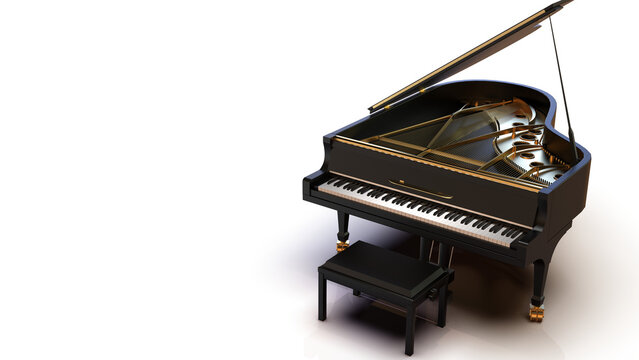 Black-gold Grand Piano under spot lighting background on white surface. 3D illustration. 3D CG. 3D high quality rendering. PNG file format.