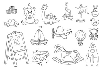 Collection of linear sketches, coloring pages of various children's toys, items for development and games. Vector graphics.