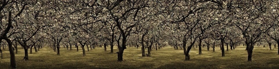 Fototapeta na wymiar Panoramic image of an orchard of trees. Green grass and thin foliage on strong trees