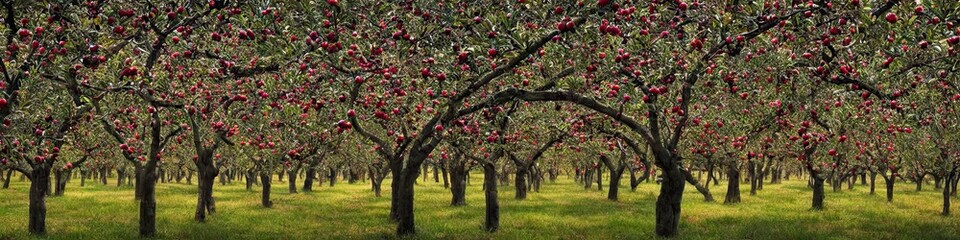 Panoramic image of an orchard of trees. Green grass and thin foliage on strong trees