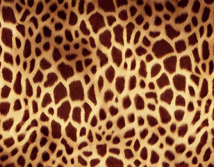 Fototapeta na wymiar Seamless soft fluffy leopard print or cheetah spots African safari wildlife camouflage pattern. Realistic golden brown long pile animal skin rug or fur coat fashion background texture, AI Generated