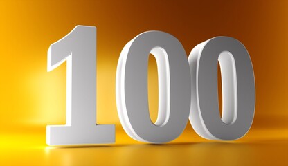Number 100 in white on light yellow background, isolated number 3d rendering.