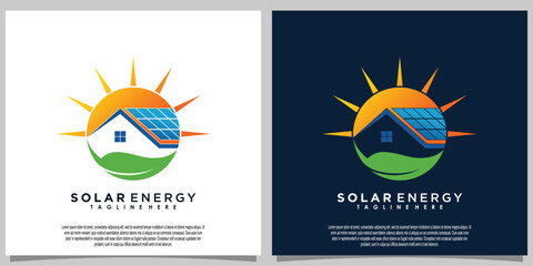 Fototapeta na wymiar sun solar energy logo design with solar panel tech and home