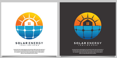 sun solar energy logo design with solar panel tech and home