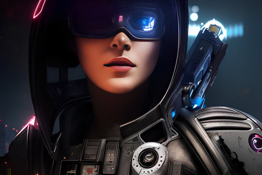 An illustrated portrait of a beautiful woman wearing a futuristic suit, depicting the cyberpunk genre. The woman is portrayed as an AI cyber robot in the image.