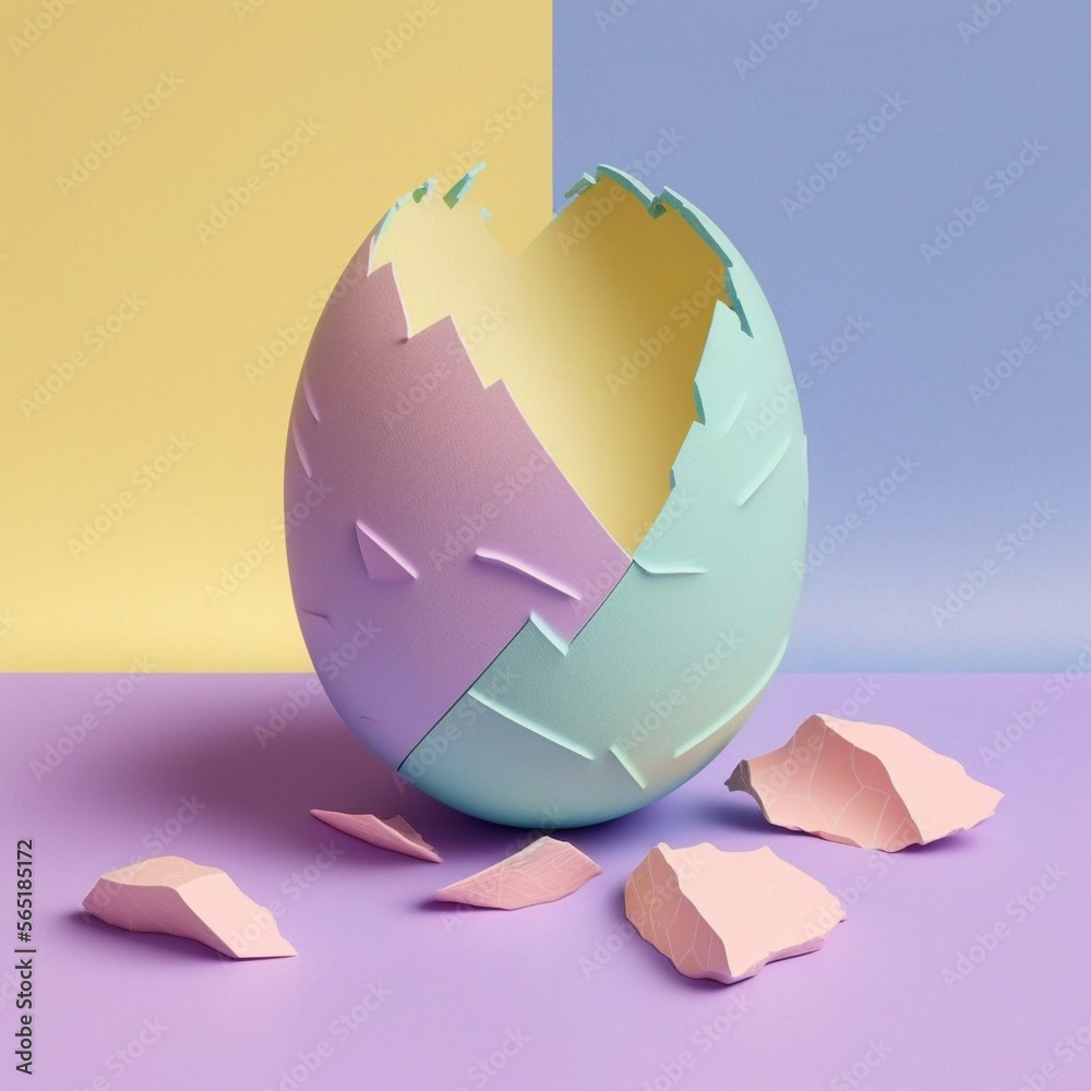 Wall mural Ai generated 3d illustration of pretty colorful pastel decorated special broken easter egg. Still life for spring time Festive easter holidays, design artistic elements in pastel background with flake