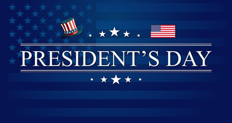 Presidents Day text over blue background. American flag background