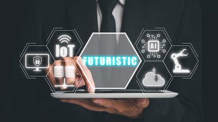Futuristic concept, Person working on digital tablet with futuristic icon on virtual screen, IOT, cyber security, big data, Cloud computing, Ai, and automation.