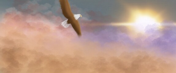 Bald eagle soaring over clouds in sky with sun