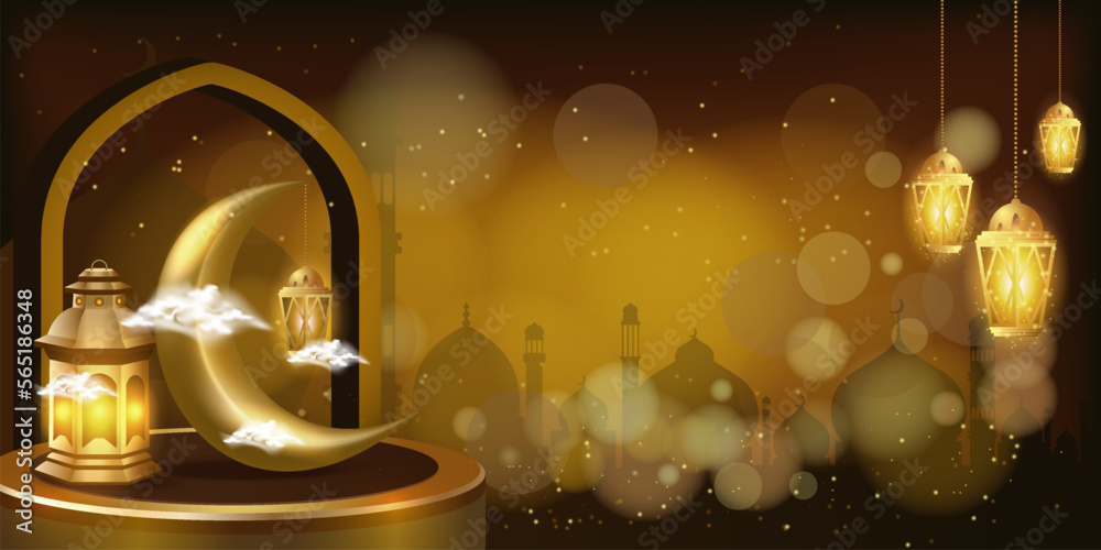 Wall mural ramadan candle lantern string hanging on bokeh background. islamic podium banner