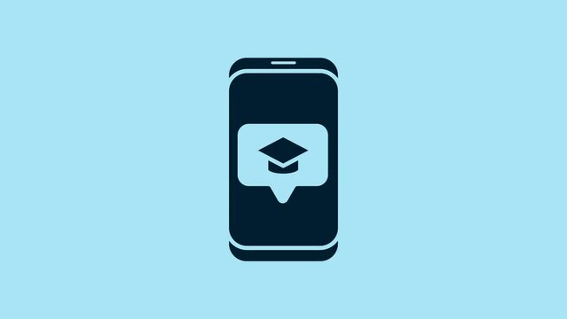 Blue Graduation cap on screen smartphone icon isolated on blue background. Online learning or e-learning concept. 4K Video motion graphic animation