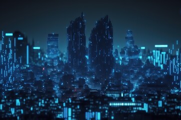 blue matrix city skyline at night with tall buildings