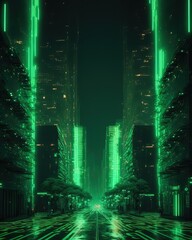 city street with tall buildings on both sides. Matrix city. Futuristic glowing green city. Green neon lights. Glowing binary codes. - obrazy, fototapety, plakaty
